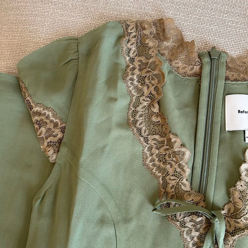 NWT Reformation Tiffie Midi Dress Sz2 Artichoke Green Gold Lace - Picture 7 of 11